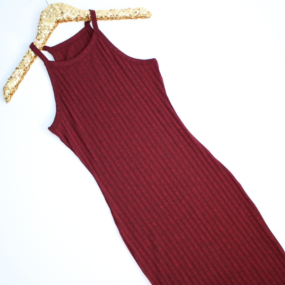 Burgundy Red Ribbed Side Slit Bodycon Midi Dress - Picture 4 of 5